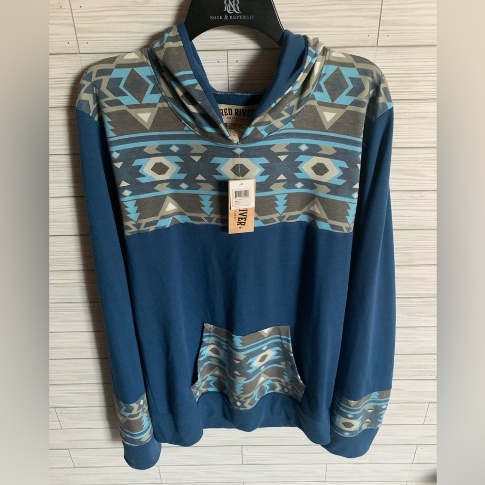 Red river outfitters Blue Aztec western design Pattern Hoodie. NWT